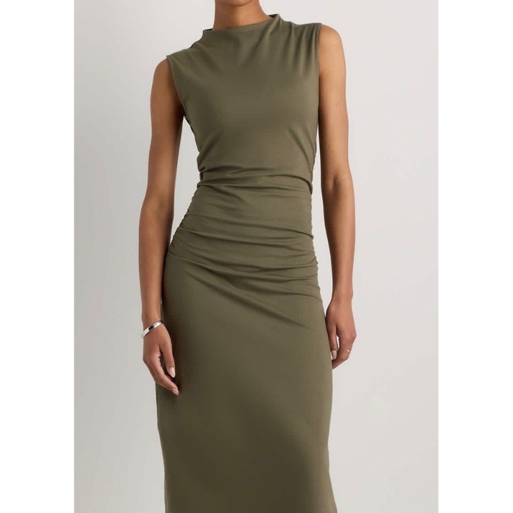 Quince Ruched Midi Dress Womens Medium Olive Green NWT Sleeveless Mock Neck